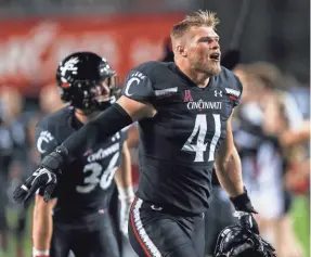  ?? KATIE STRATMAN/USA TODAY SPORTS ?? Linebacker Joel Dublanko, who has 3.5 sacks, is part of a Cincinnati defense that is third in the nation in intercepti­ons with 17.