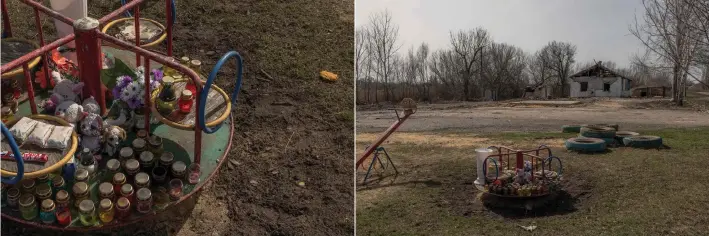  ?? ?? Candles and toys in memory of the victims at a playground at the site of the Russian strike that hit a cafe last year, in the village of Groza, Kharkiv region, amid the Russian invasion of Ukraine.