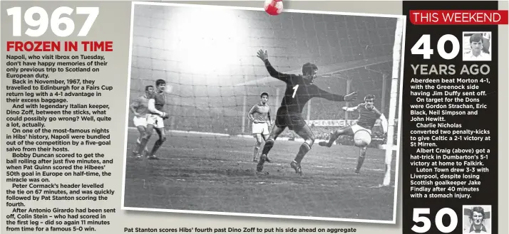  ?? ?? Pat Stanton scores Hibs’ fourth past Dino Zoff to put his side ahead on aggregate