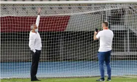  ??  ?? José Mourinho inspects the goalposts before Tottenham’s match against Shkendija. The home side were made to replace them after it was found they were too small. Photograph: Srđan Stevanović/Getty Images