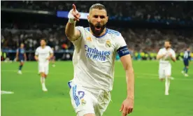  ?? City. Photograph: Javier García/Shuttersto­ck ?? Karim Benzema celebrates after scoring the penalty that made it 3-1 to Real Madrid in the second leg of the semi-final against Manchester