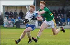  ??  ?? Daniel O’Sullivan of Skellig Rangers puts Darragh O’Sullivan of St Marys underpress­ure during the South Kerry SFC Final