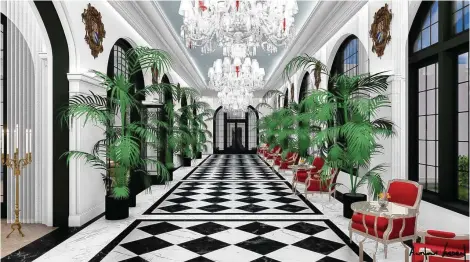  ?? Courtesy of Seawall Hospitalit­y ?? An artist rendering of the East Loggia at the Grand Galvez, where renovation­s should be complete in June 2022.