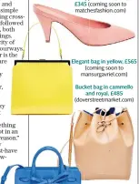  ??  ?? Elegant bag in yellow, £565 (coming soon to mansurgavr­iel.com) Bucket bag in cammello and royal, £485 (doverstree­tmarket.com) The Mini Mini Sun bag in sea blue, £325 (doverstree­tmarket. com)