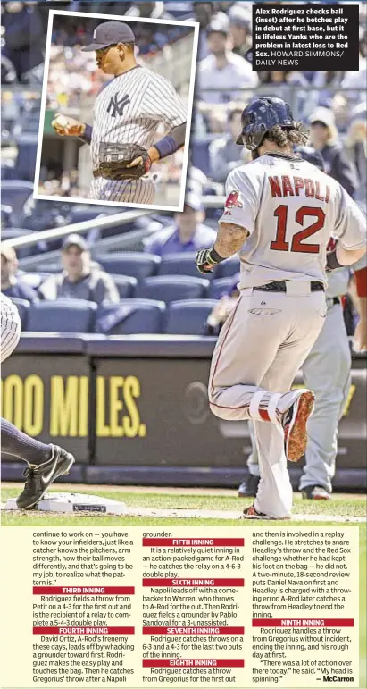  ?? HOWARD SIMMONS/ DAILY NEWS ?? Alex Rodriguez checks ball (inset) after he botches play in debut at first base, but it is lifeless Yanks who are the problem in latest loss to Red Sox.