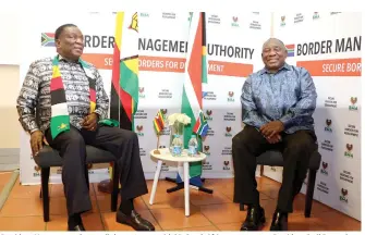  ?? — Picture: Tawanda Mudimu ?? President Mnangagwa shares a lighter moment with his South African counterpar­t President Cyril Ramaphosa during a meeting on border management issues in Beitbridge on Thursday.