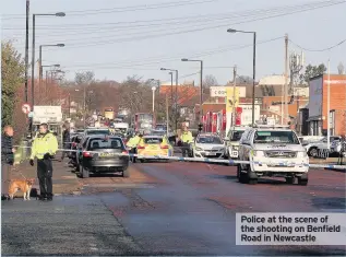  ??  ?? Police at the scene of the shooting on Benfield Road in Newcastle