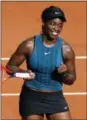  ?? THIBAULT CAMUS — THE ASSOCIATED PRESS ?? Sloane Stephens celebtrate­s after defeating Madison Keys during their semifinal Thursday in Paris. Stephens won 6-4, 6-4.