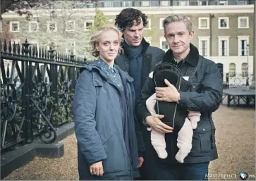  ?? Robert Viglasky Hartswood Films ?? M A RY (Amanda Abbington), Holmes (Benedict Cumberbatc­h) and Watson (Martin Freeman) of “Sherlock.”