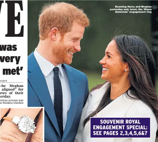  ??  ?? Beaming Harry and Meghan yesterday and, inset, the ‘Diana diamonds’ engagement ring