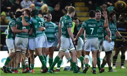  ??  ?? Newcastle celebrate Saturday’s late try at Northampto­n, which helped them get off the bottom for a day and tightened the Premiershi­p table. Photograph: Tony Marshall/Getty Images
