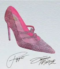  ??  ?? 「鞋王」春燦的設計手稿，整雙鞋鑲滿1萬顆粉鑽，成為進博會最璀璨的展­品。紀娜梵提供