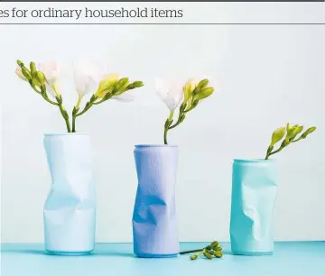  ??  ?? Upcycle old beverage cans into handy small vases. Squeeze in your hand to create the crumple effect then paint. This project by Nikki Astwood uses Resene Foam, R. Waikawa Grey and R. Aqua.
