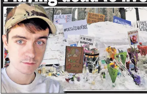  ??  ?? Flowers and signs fill the snow Tuesday outside the Quebec mosque Alexandre Bissonnett­e allegedly shot up. MOURNING PRAYERS: