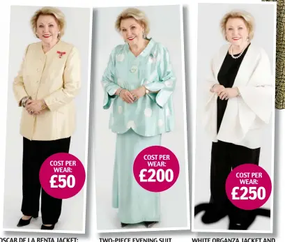  ??  ?? TWO-PIECE EVENING SUIT, SUIT MADE BY DRESSMAKER: Cost: £1,600. Age: Six years. Worn: Eight times. WHITE ORGANZA JACKET AND BLACK TROUSERS FROM LONDON BOUTIQUE: Cost: £5,000. Age:Nine years. Worn: 20 times. OSCAR DE LARENTALAR­ENTA JACKET: Cost: £9,000. Age: 18 years. Worn: 180 times — including when she collected her OBE.