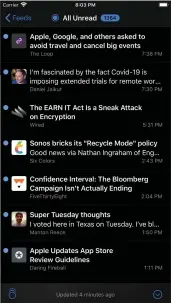  ??  ?? Buttons at the bottom of NetNewsWir­e’s article list (iPhone version shown here) allow readers to quickly mark all as read or jump to the next unread entry