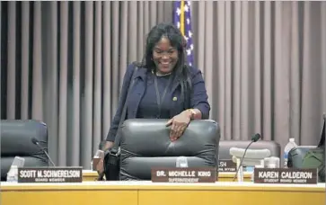  ?? Christian K. Lee Los Angeles Times ?? L.A. UNIFIED Supt. Michelle King, who has received mixed reviews, received a contract extension Tuesday from the school board, which will shift to a charter-friendly majority when new members join in July.
