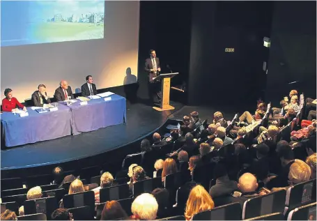  ?? Pictures: Kris Miller. ?? Courier political editor Kieran Andrews addresses the audience with the panel, from left, Rosalind Garton, Willie Rennie, Rod Campbell and Huw Bell at St Andrews last night.