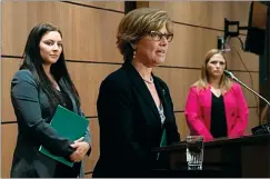  ?? CP PHOTO ?? Green Party MP Jenica Atwin (left) and NDP Critic for Diversity and Inclusion and Youth, Women and Gender Equality Lindsay Mathyssen look on as Conservati­ve Women and Gender Quality critic Karen Vecchio speaks during a news conference Thursday.