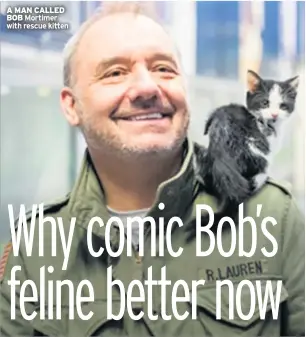  ??  ?? A MAN CALLED BOB Mortimer with rescue kitten