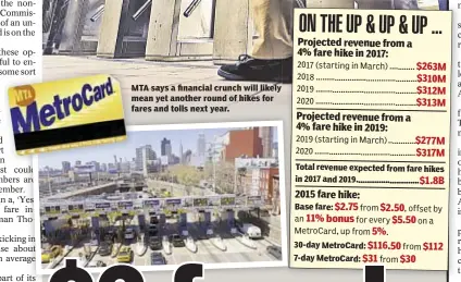  ??  ?? MTA says a financial crunch will likely mean yet another round of hikes for fares and tolls next year. Total revenue expected from fare hikes in 2017 and 2019 .............................. Base fare: 30-day MetroCard: 7-day MetroCard: