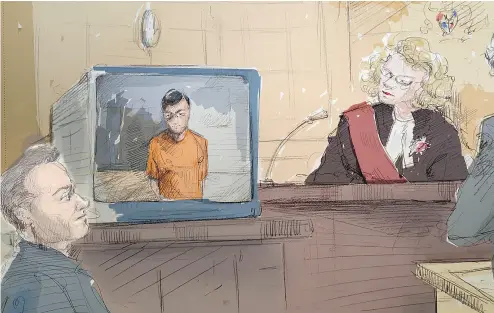  ?? ALEXANDRA NEWBOULD / THE CANADIAN PRESS ?? From left, defence lawyer Amedeo DiCarlo, Karim Baratov via video link, and Justice Kim Carpenter- Gunn are shown in this courtroom sketch in Hamilton on Friday. The U. S. is seeking Baratov’s extraditio­n to California.