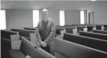  ?? [SARAH PHIPPS PHOTOS/THE OKLAHOMAN] ?? The Rev. Casey Shutt, pastor of King's Cross Church, stands in the sanctuary of Lone Star Baptist Church where his church hopes to meet for in-person worship.