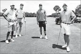  ?? MIKE EHRMANN/GETTY PHOTOS ?? Tiger Woods, top and left, and Peyton Manning team up against Tom Brady and Phil Mickelson on Sunday in a charity match at Medalist Golf Club in Hobe Sound, Florida.