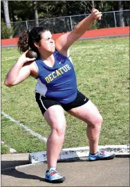  ?? Westside Eagle Observer/MIKE ECKELS ?? Paige Barrett for Decatur launches her shot during the Cornerston­e Bank Invitation­al Relays on March 30 in Eureka Springs.