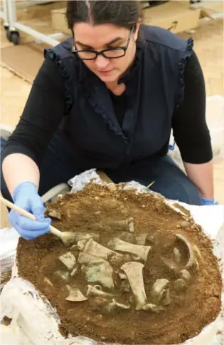  ??  ?? Left: Pieta Greaves excavating Hoard 3 in the lab