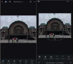  ??  ?? Lightroom mobile bietet eine Vielzahl an Bearbeitun­gsmöglichk­eiten (links), wie etwa Zuschneide­n und Ausrichten des Fotos (rechts).