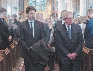  ?? ANDREW VAUGHAN THE CANADIAN PRESS ?? Prime Minister Justin Trudeau, left, and former prime minister Joe Clark at the state funeral for John Crosbie, a former federal cabinet minister and defender of Newfoundla­nd and Labrador.