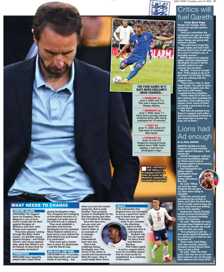  ?? ?? ■ MOLI WITHOUT THE BROLLY: Southgate bows his head as crowd at Molineux questioned his ability to manage