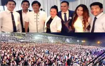  ??  ?? Senator and vice presidenti­al candidate Ferdinand Marcos Jr poses with Minister Wilde James Almeda and other ministers as tens of thousands of people flock to the JMCIM 41st Church Anniversar­y last week.