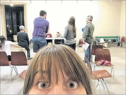  ?? SUBMITTED IMAGE/NOTHING ON PRODUCTION­S/NICHOLE WOODMAN ?? Cast member and unofficial photograph­er Nichole Woodman grabs a selfie during a rehearsal for “Black Comedy,” a play being presented at the Barbara Barrett Theatre in the St. John’s Arts and Culture Centre. Read below for details.