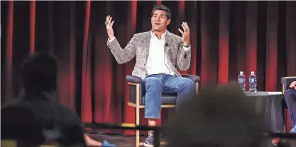  ?? MATT PARKER PHOTO ?? Former New England Patriot and three-time Super Bowl champion Tedy Bruschi talks before a full capacity crowd at The Brook Casino in Seabrook on Wednesday.