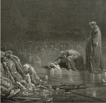  ?? Fotos: Tauwald Pictures/Archivist, stock‰adobe.com ?? Gustave Doré schuf einen Zyklus von Grafiken zu Dantes „Göttlicher Komödie“– hier Dante, von Vergil begleitet, beim Gang in die Unterwelt. Unten die Büste des Dichters in Florenz.