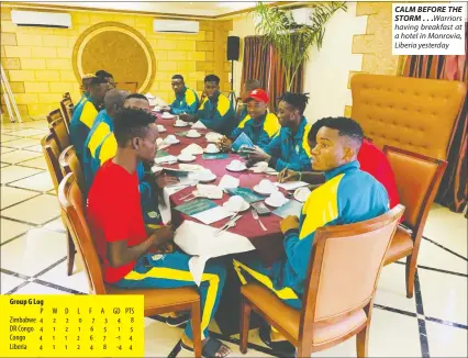  ??  ?? CALM BEFORE THE STORM ...Warriors having breakfast at a hotel in Monrovia, Liberia yesterday