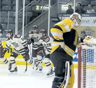  ?? TAYLOR BERTELINK/SPECIAL TO POSTMEDIA NETWORK ?? Peterborou­gh Petes forward Adam Timleck scores 11 seconds into Game 3 with the Kingston Frontenacs at the Rogers K-Rock Centre. Despite being outshot 34-17, the Petes hung on for a 3-1 win to take a 3-0 lead in the OHL Eastern Conference semifinal...
