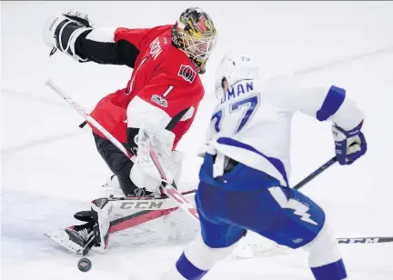  ?? THE CANADIAN PRESS/JUSTIN TANG ?? Goaltender Mike Condon — who was stellar in defeat Tuesday against the Tampa Bay Lightning — will start consecutiv­e games for the first time since Feb. 7-9 when the Ottawa Senators play host to the Chicago Blackhawks on Thursday.