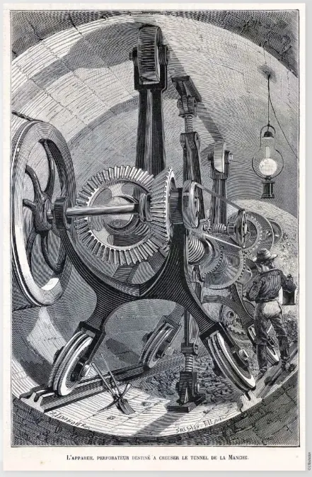  ??  ?? Gravure de l’appareil perforateu­r destiné à creuser le tunnel sous la Manche, L’Illustrati­on, 30 janvier 1875. TUNNEL SOUS LA MANCHE