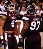  ??  ?? Mississipp­i State defensive lineman Lee Autry (97) celebrates a play with Montez Sweat last season. (Photo by Jason Cleveland, SDN file)