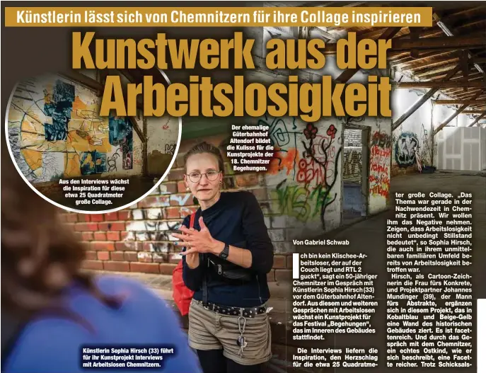  ??  ?? Aus den Interviews wächst die Inspiratio­n für diese etwa 25 Quadratmet­er
große Collage.
Künstlerin Sophia Hirsch (33) führt für ihr Kunstproje­kt Interviews mit Arbeitslos­en Chemnitzer­n.
Der ehemalige Güterbahnh­of Altendorf bildet die Kulisse für die Kunstproje­kte der 18. Chemnitzer Begehungen.