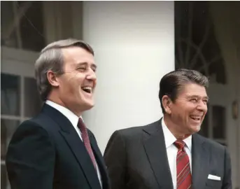  ?? White House Photo ?? Prime Minister Mulroney and President Reagan in the Rose Garden of the White House in 1984. “Reagan found it hard to say no to Canada,” writes Drew Fagan, especially when Mulroney called.