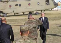  ?? - Resolute Support Mission/Handout via Reuters ?? WARM WELCOME: U.S. Defence Secretary James Mattis arrives at Resolute Support Mission headquarte­rs in Kabul, Afghanista­n on September 27, 2017.