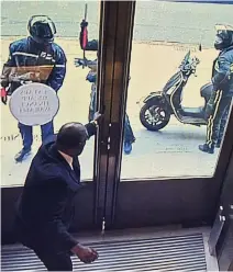  ??  ?? Raiders: CCTV images of the gang smashing their way in and then escaping on a moped