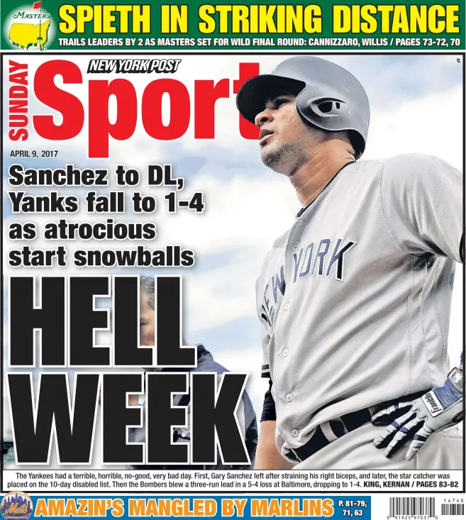  ??  ?? The Yankees had a terrible, horrible, no-good, very bad day. First, Gary Sanchez left after straining his right biceps, and later, the star catcher was placed on the 10-day disabled list. Then the Bombers blew a three-run lead in a 5-4 loss at...