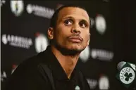  ?? Maddie Malhotra / Getty Images ?? Boston Celtics’ Interim coach Joe Mazzulla ics takes questions from reporters during media day at High Output Studios on Monday in Canton, Mass.