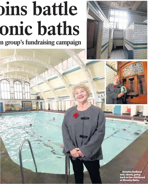  ??  ?? >
Annette Badland and, above, going back to her childhood at Moseley Baths