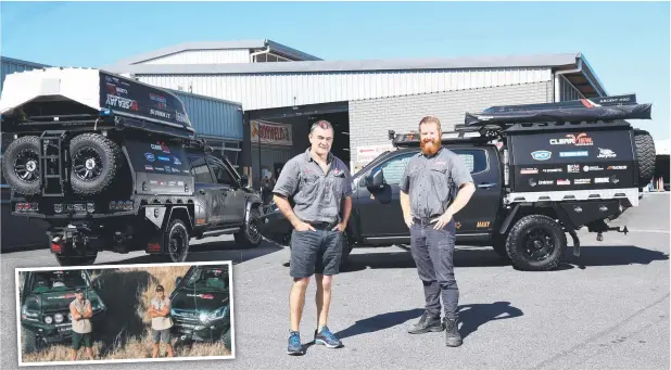  ?? Picture: STEWART McLEAN ?? ON THE ROAD: Norweld sales manager Shannon Moyle and operations manager Steve Umback with the All 4 Adventure vehicles, that will be used by the show’s hosts Simon Anderson and Jase Andrews (inset) in series 12.